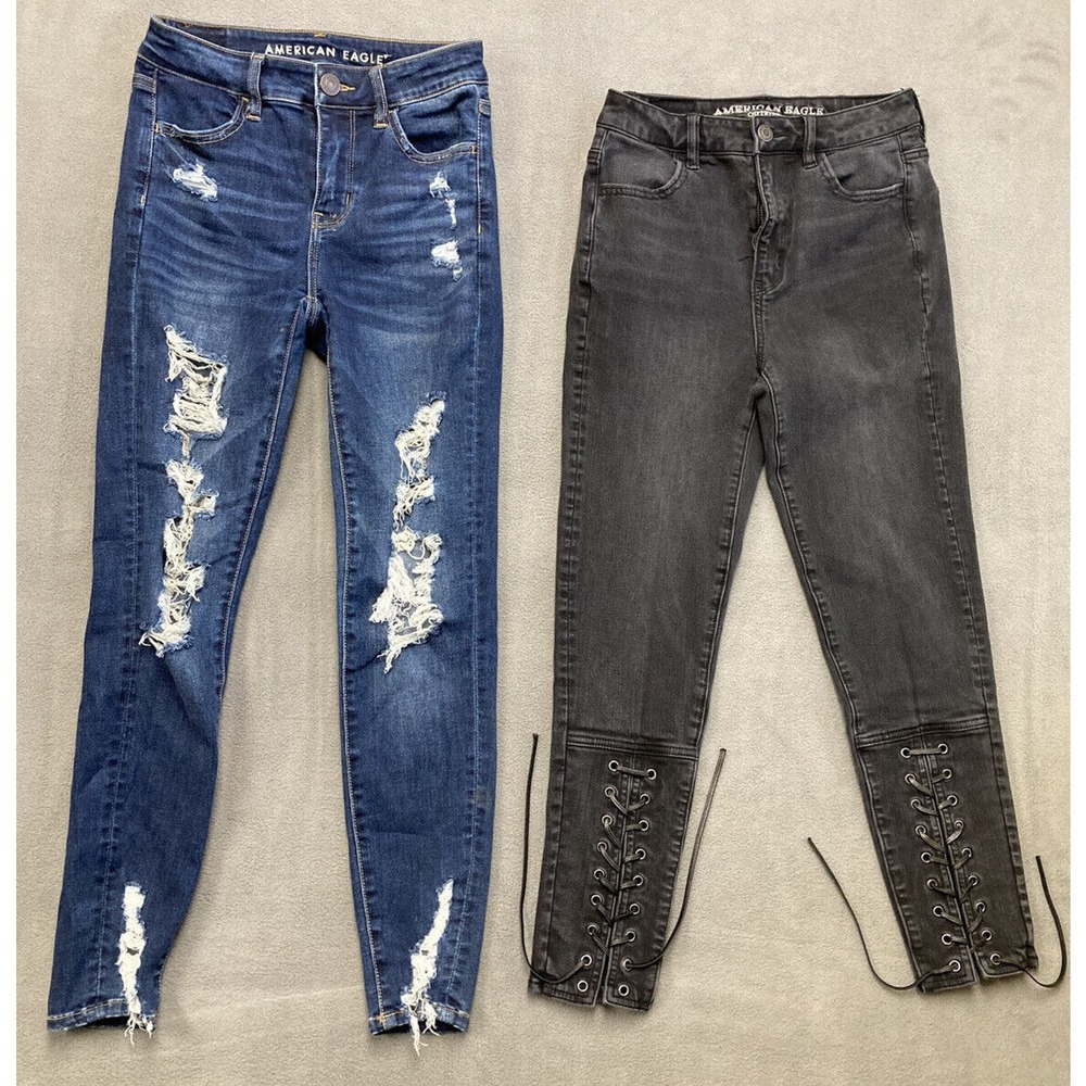 Lot of 2 American Eagle Next Level Stretch Hi Rise Jegging Black Dark Sz 0 Short